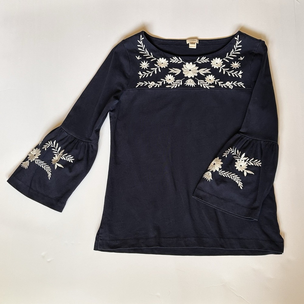 J. Crew Tunic Womens Small Pullover‎ Bell Sleeve White Floral Embroidery Navy